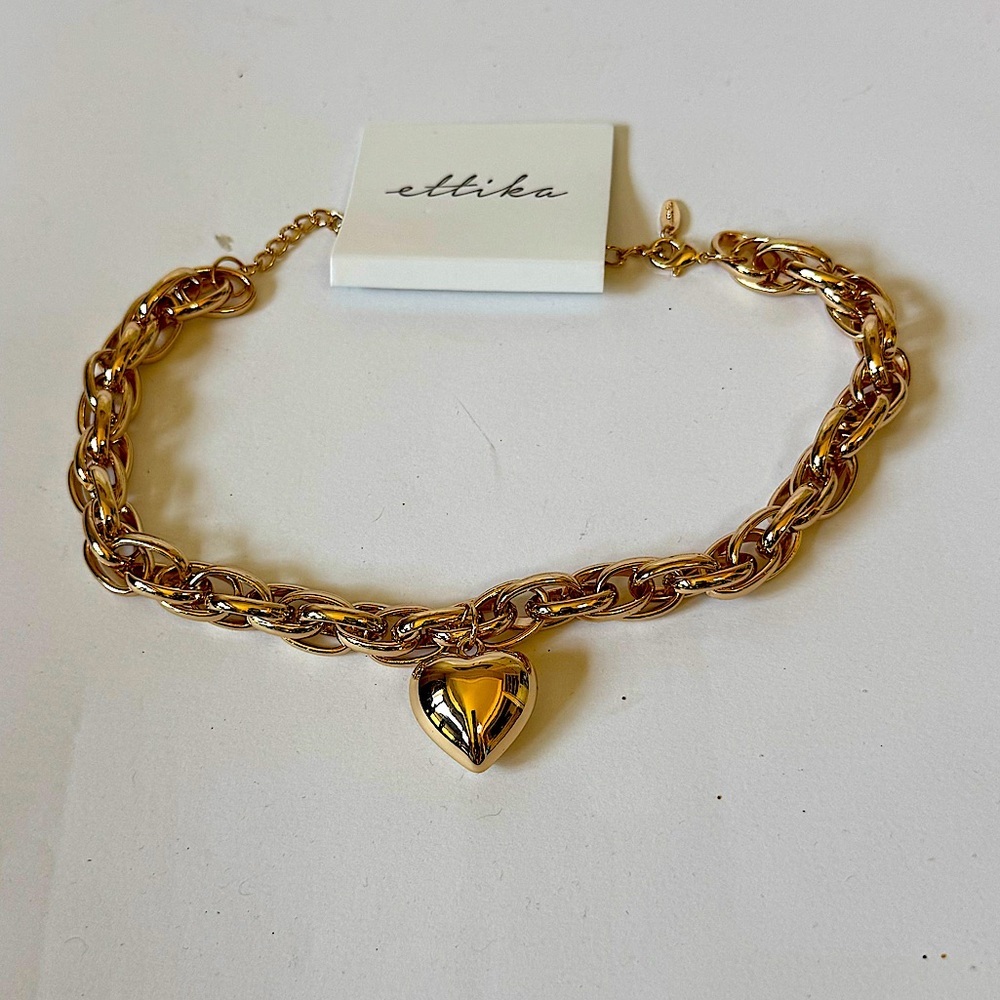 Ettika Goldtone Steel Chain Heart Pendant Chunky‎ Chain Necklace Gift Ready, NWT - Picture 5 of 7
